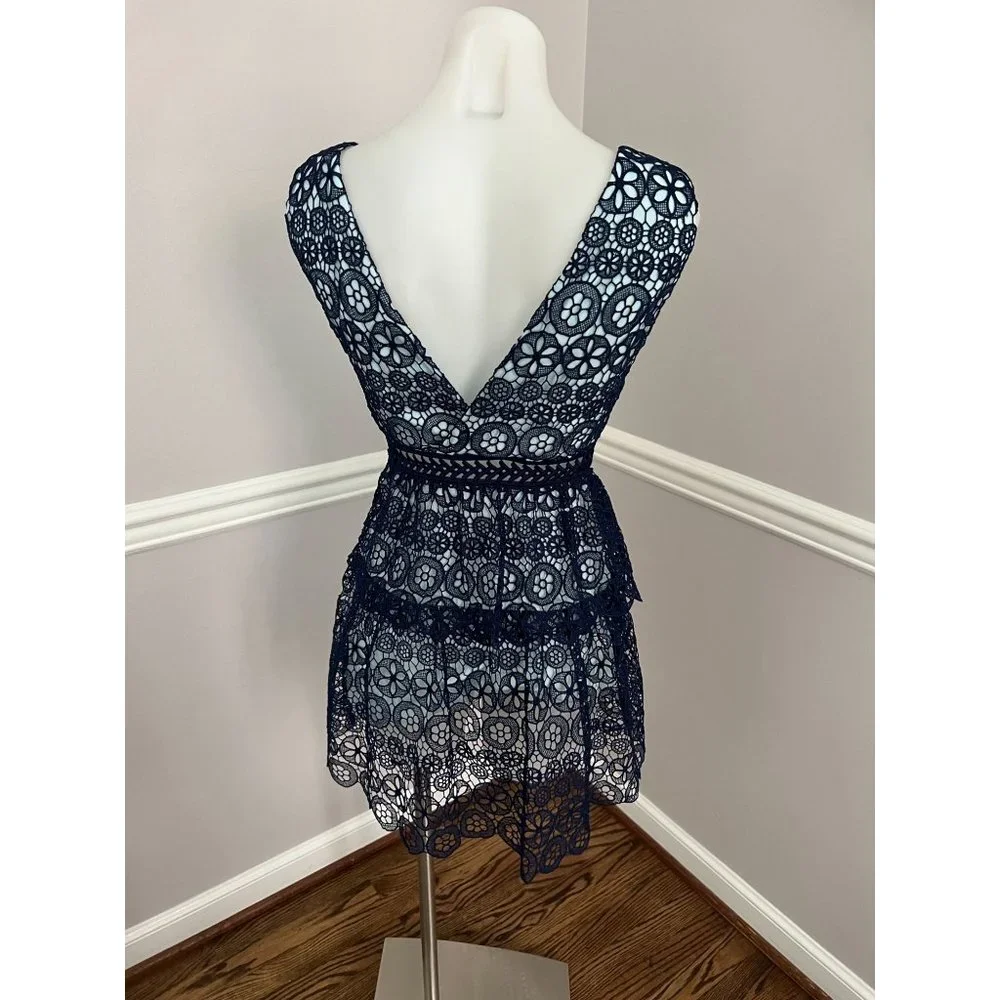SELF-PORTRAIT Guipure Lace V Neck Fit Flare Sleeveless Mini Dress Blue Size 2 - Picture 5 of 5